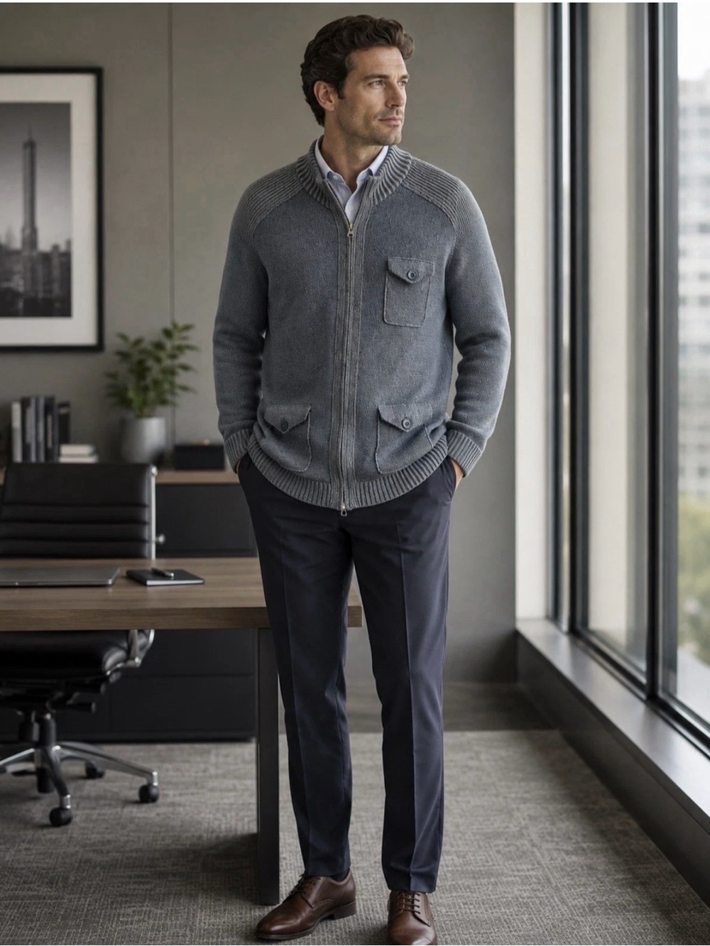 Blue Pronto Uomo 100% Wool Full Zip Cardigan Sweater Jacket Size 3XLT GRAY
